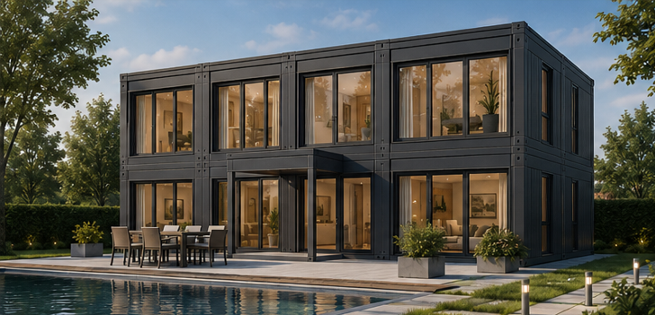 Modulhaus aus vorgefertigten Raummodulen mit großen Fensterflächen